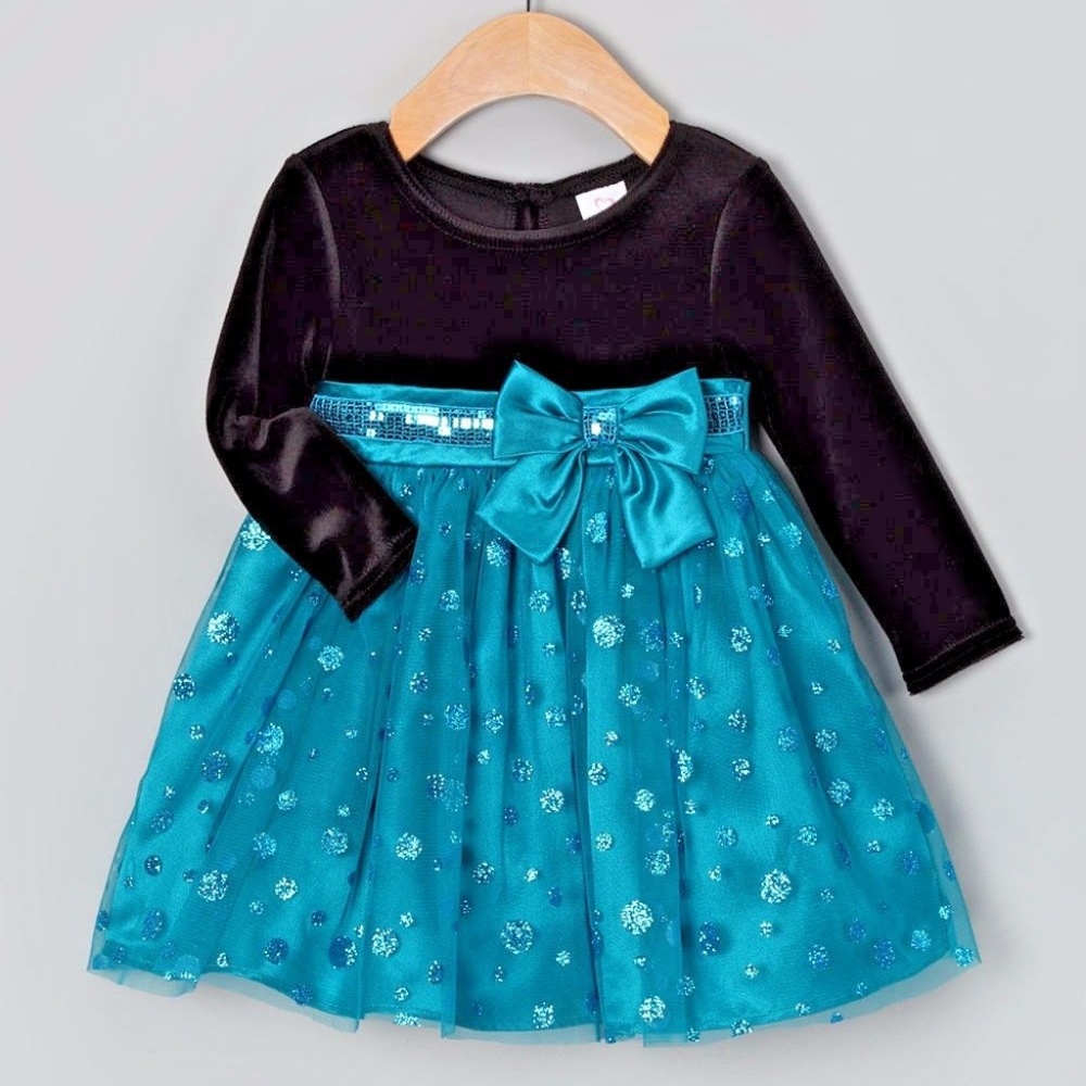 Baby Girl Teal Tulle Long Sleeve Holiday Dress New